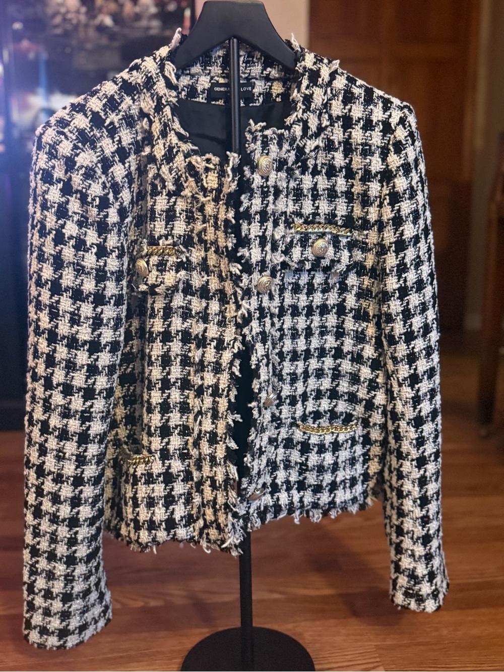 Generation love-Classic Houndstooth Tweed Jacket - Black & White-shimmer yarn